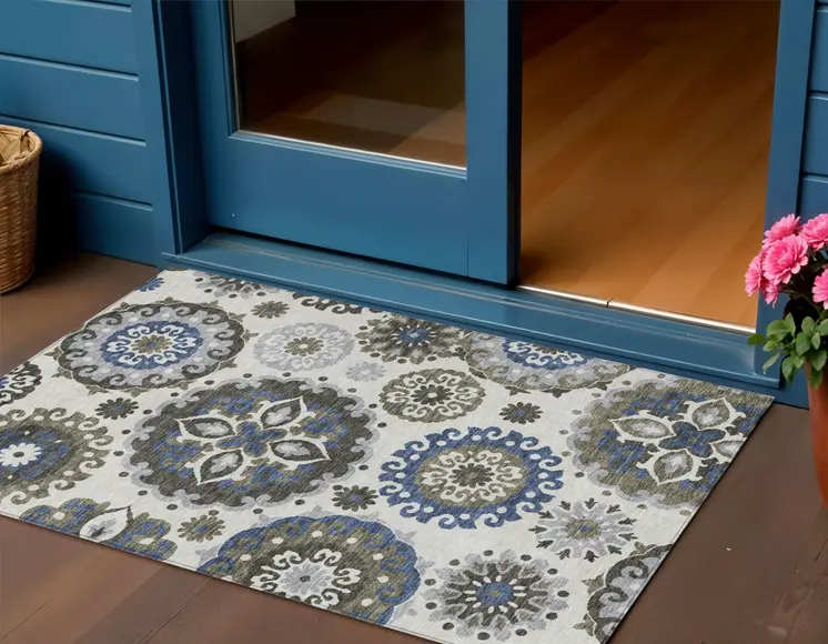3' X 5' Pewter Silver And Gray Floral Medallion Washable Indoor Outdoor Area Rug