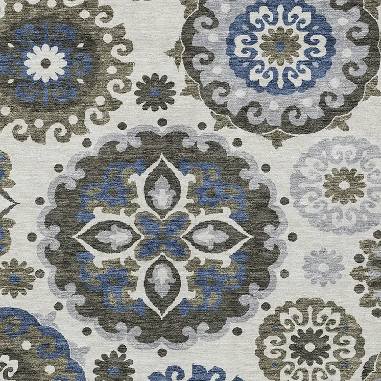 3' X 5' Pewter Silver And Gray Floral Medallion Washable Indoor Outdoor Area Rug