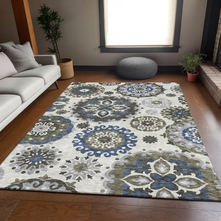 3' X 5' Pewter Silver And Gray Floral Medallion Washable Indoor Outdoor Area Rug