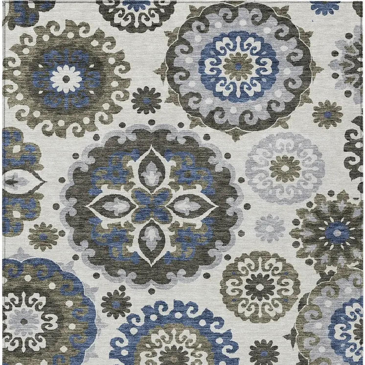 5' X 8' Pewter Silver And Gray Floral Medallion Washable Indoor Outdoor Area Rug