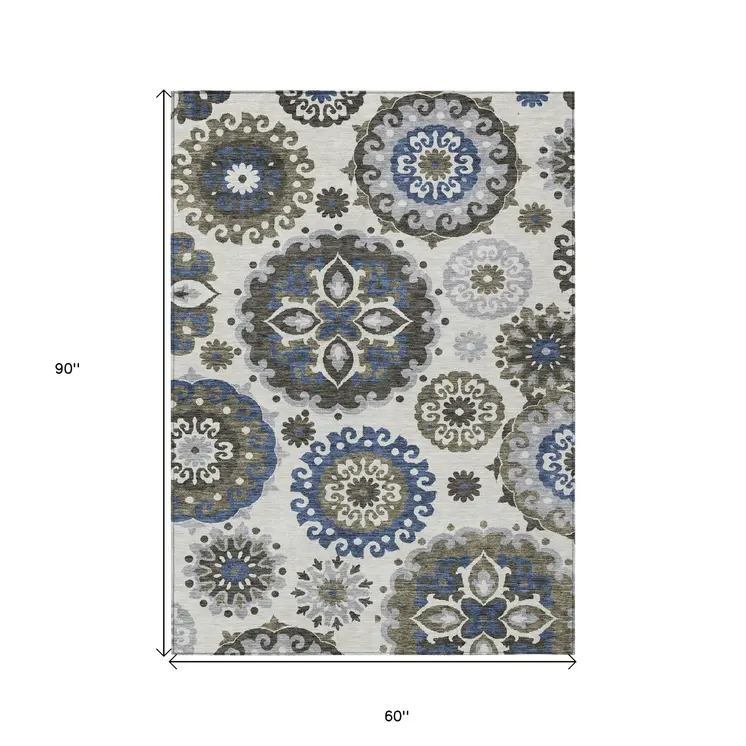 5' X 8' Pewter Silver And Gray Floral Medallion Washable Indoor Outdoor Area Rug