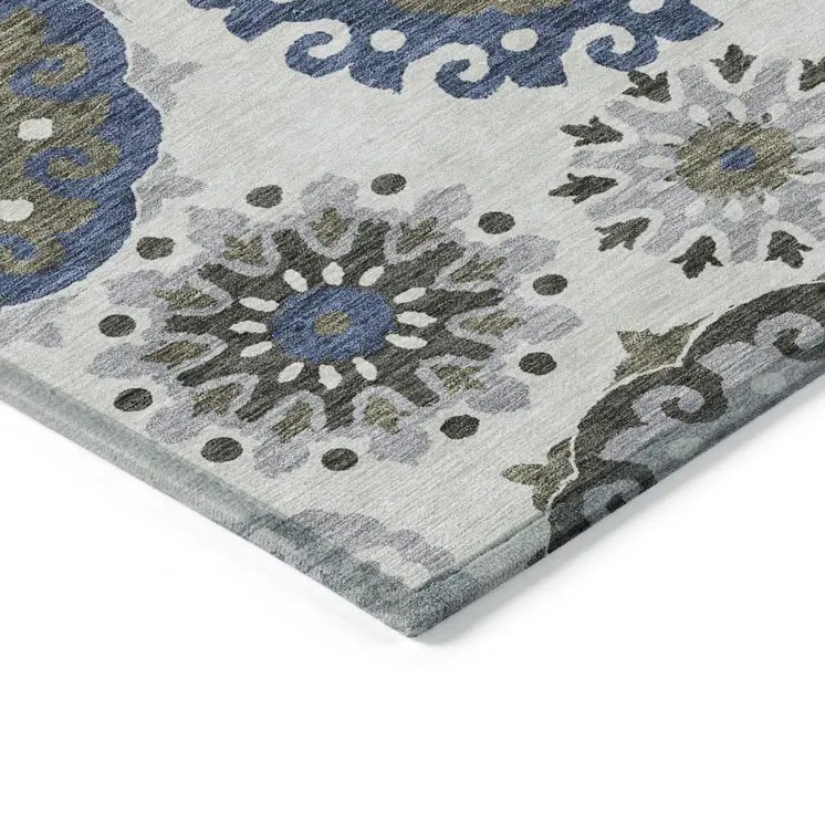 5' X 8' Pewter Silver And Gray Floral Medallion Washable Indoor Outdoor Area Rug