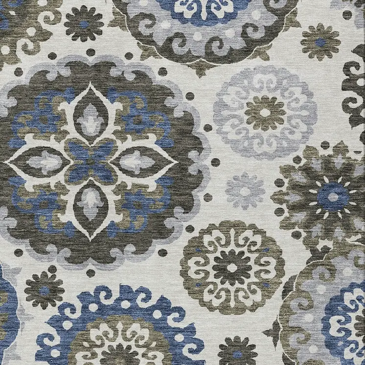 5' X 8' Pewter Silver And Gray Floral Medallion Washable Indoor Outdoor Area Rug