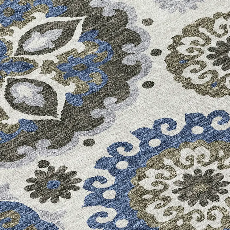 5' X 8' Pewter Silver And Gray Floral Medallion Washable Indoor Outdoor Area Rug