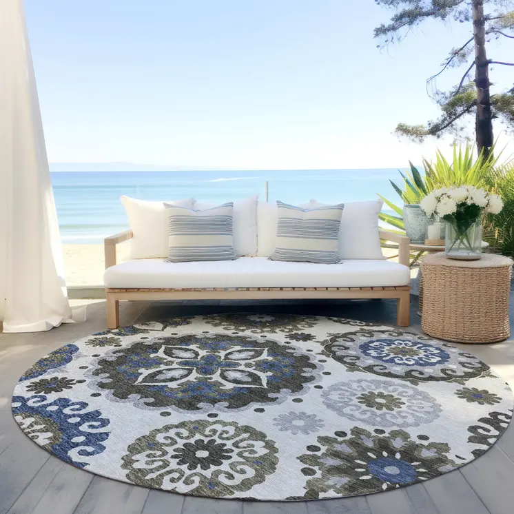 8' Pewter Silver And Gray Round Floral Medallion Washable Indoor Outdoor Area Rug