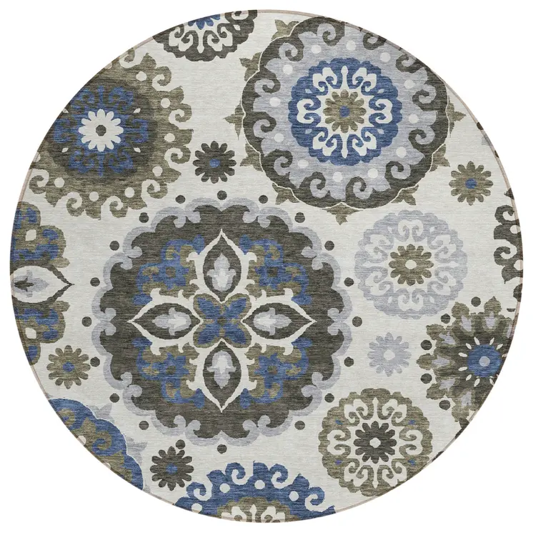 8' Pewter Silver And Gray Round Floral Medallion Washable Indoor Outdoor Area Rug