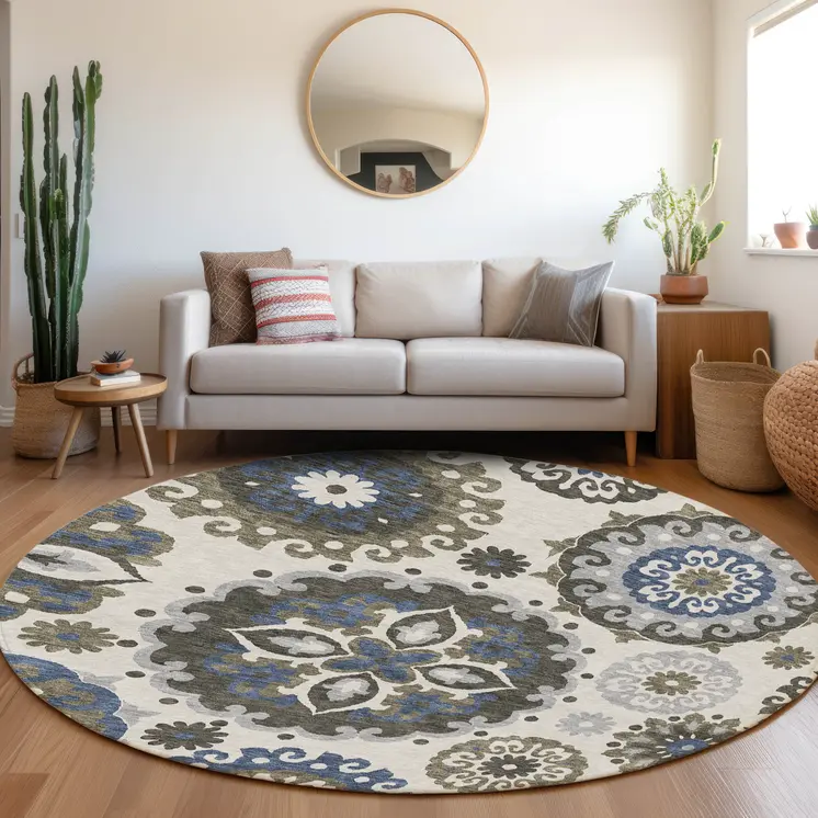 8' Pewter Silver And Gray Round Floral Medallion Washable Indoor Outdoor Area Rug