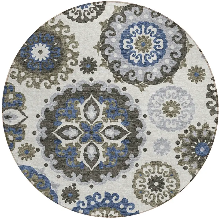 8' Pewter Silver And Gray Round Floral Medallion Washable Indoor Outdoor Area Rug