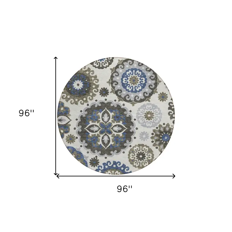 8' Pewter Silver And Gray Round Floral Medallion Washable Indoor Outdoor Area Rug