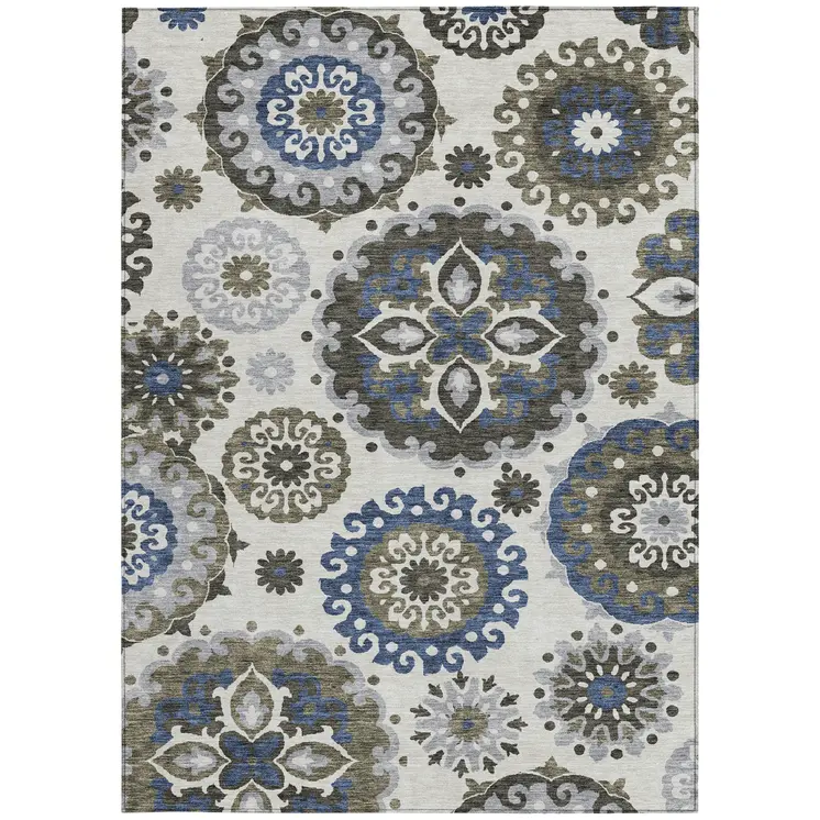 9' X 12' Pewter Silver And Gray Floral Medallion Washable Indoor Outdoor Area Rug