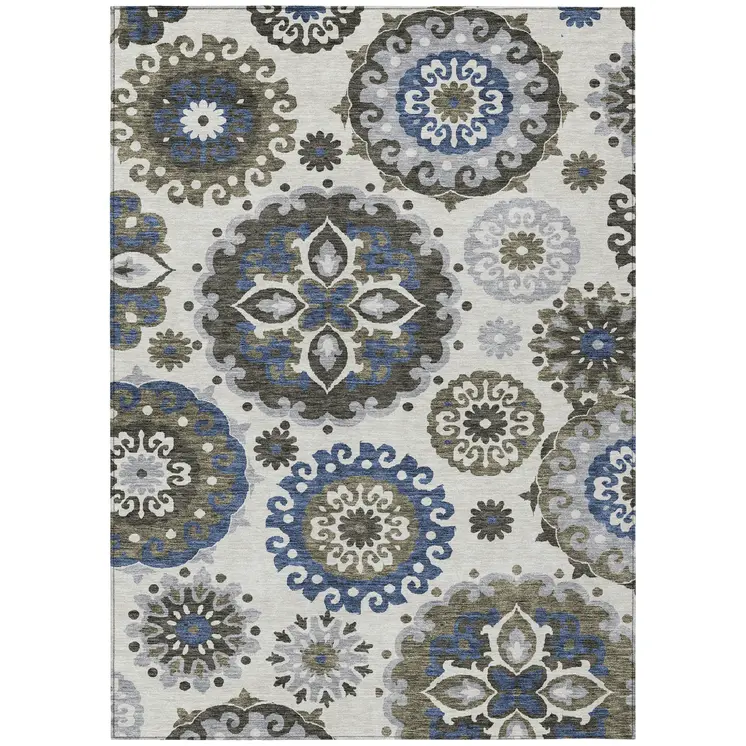 9' X 12' Pewter Silver And Gray Floral Medallion Washable Indoor Outdoor Area Rug