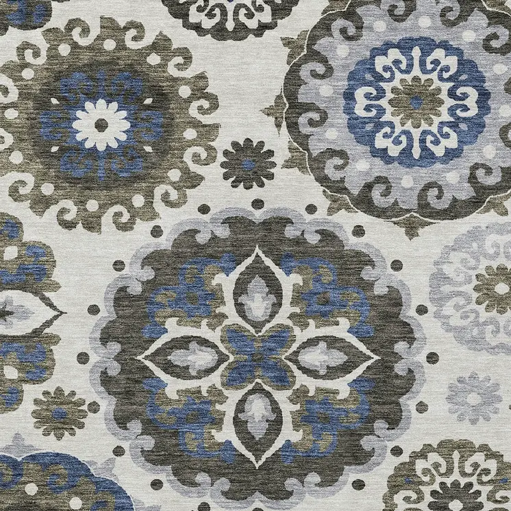 10' X 14' Pewter Silver And Gray Floral Medallion Washable Indoor Outdoor Area Rug