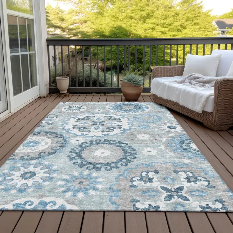 3' X 5' Sky Blue And Denim Blue Floral Medallion Washable Indoor Outdoor Area Rug
