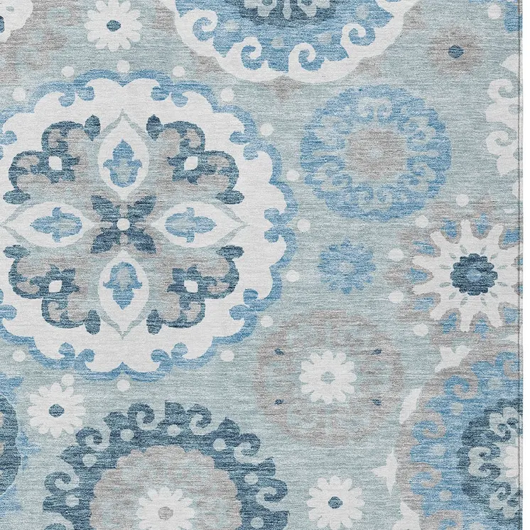 3' X 5' Sky Blue And Denim Blue Floral Medallion Washable Indoor Outdoor Area Rug