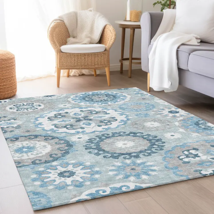 3' X 5' Sky Blue And Denim Blue Floral Medallion Washable Indoor Outdoor Area Rug