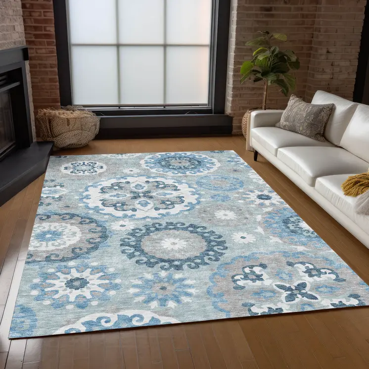 3' X 5' Sky Blue And Denim Blue Floral Medallion Washable Indoor Outdoor Area Rug