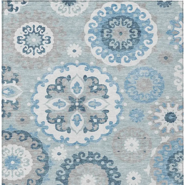 5' X 8' Sky Blue And Denim Blue Floral Medallion Washable Indoor Outdoor Area Rug