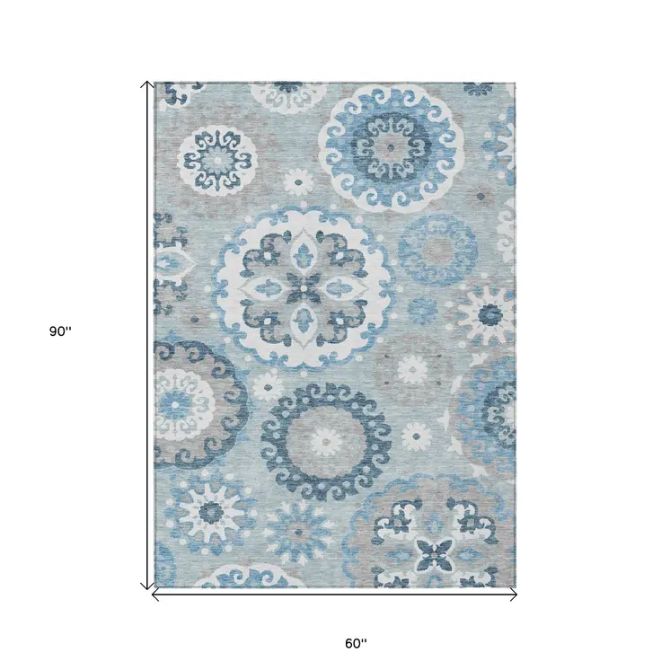 5' X 8' Sky Blue And Denim Blue Floral Medallion Washable Indoor Outdoor Area Rug