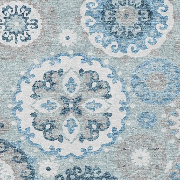5' X 8' Sky Blue And Denim Blue Floral Medallion Washable Indoor Outdoor Area Rug