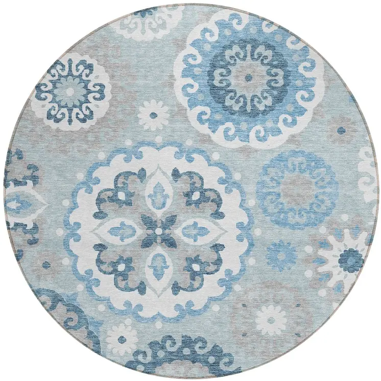 8' Sky Blue And Denim Blue Round Floral Medallion Washable Indoor Outdoor Area Rug