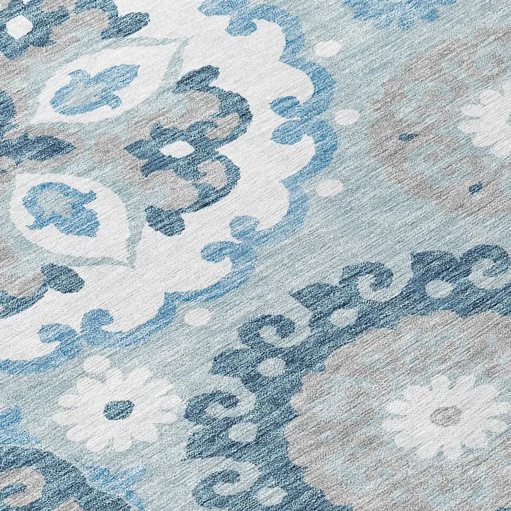 8' Sky Blue And Denim Blue Round Floral Medallion Washable Indoor Outdoor Area Rug