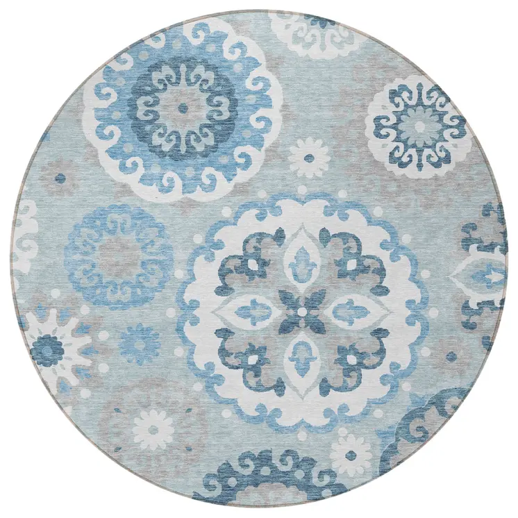 8' Sky Blue And Denim Blue Round Floral Medallion Washable Indoor Outdoor Area Rug