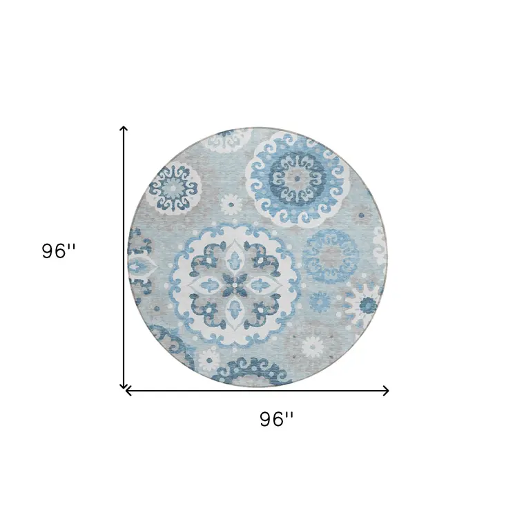 8' Sky Blue And Denim Blue Round Floral Medallion Washable Indoor Outdoor Area Rug