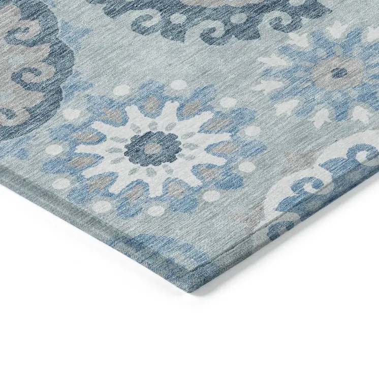 8' X 10' Sky Blue And Denim Blue Floral Medallion Washable Indoor Outdoor Area Rug