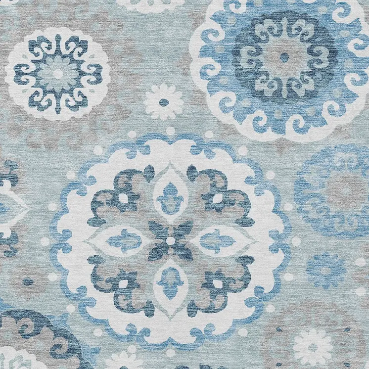 8' X 10' Sky Blue And Denim Blue Floral Medallion Washable Indoor Outdoor Area Rug