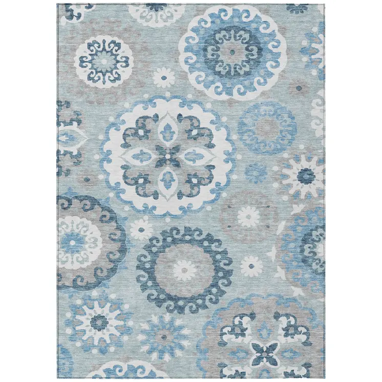 9' X 12' Sky Blue And Denim Blue Floral Medallion Washable Indoor Outdoor Area Rug