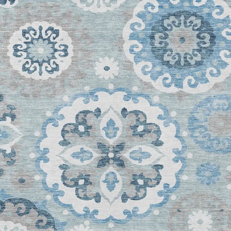 9' X 12' Sky Blue And Denim Blue Floral Medallion Washable Indoor Outdoor Area Rug