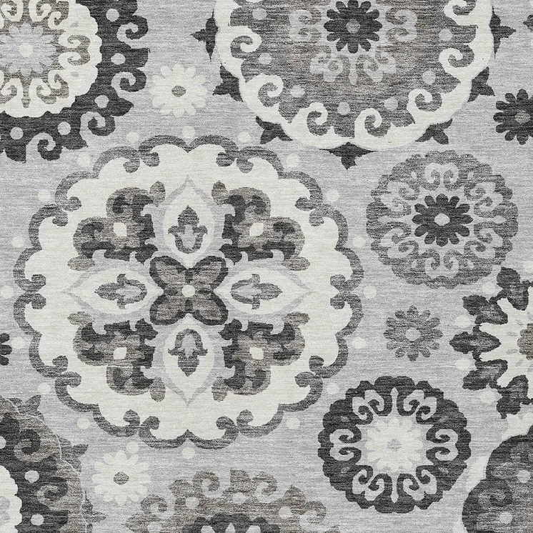 3' X 5' Silver Gray And Ivory Floral Medallion Washable Indoor Outdoor Area Rug