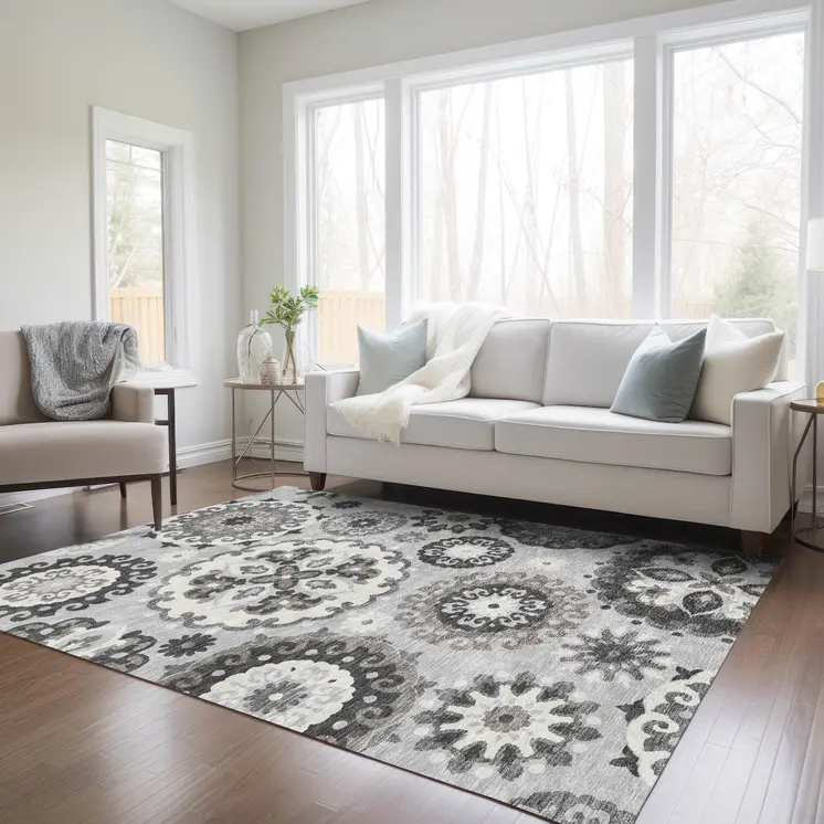 3' X 5' Silver Gray And Ivory Floral Medallion Washable Indoor Outdoor Area Rug