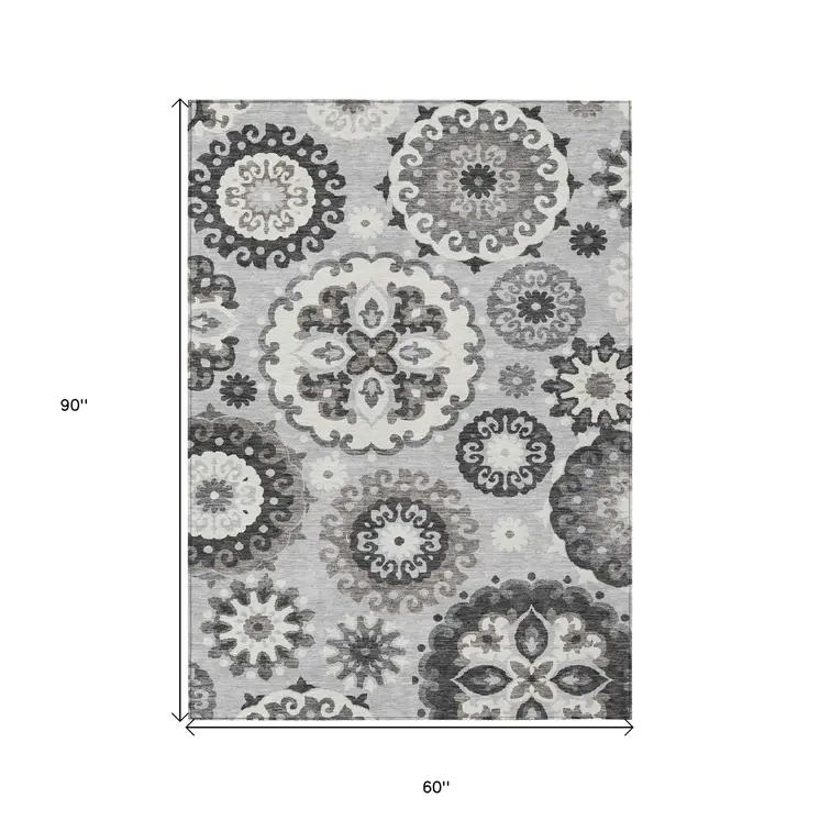5' X 8' Silver Gray And Ivory Floral Medallion Washable Indoor Outdoor Area Rug