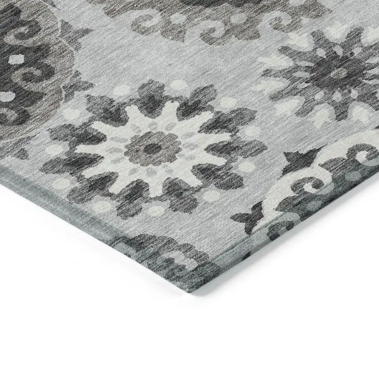 5' X 8' Silver Gray And Ivory Floral Medallion Washable Indoor Outdoor Area Rug