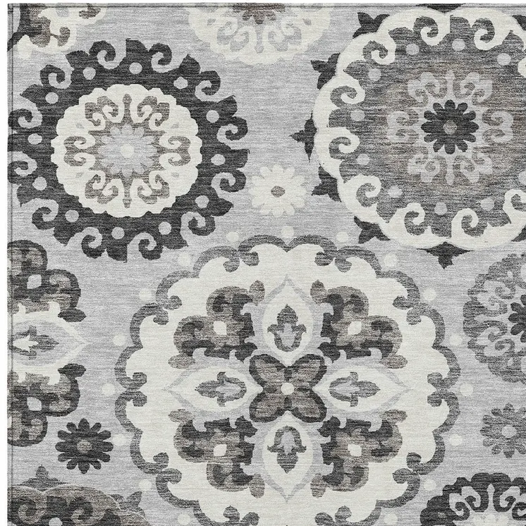 5' X 8' Silver Gray And Ivory Floral Medallion Washable Indoor Outdoor Area Rug