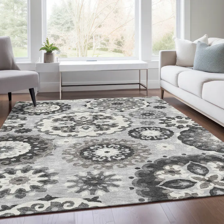 5' X 8' Silver Gray And Ivory Floral Medallion Washable Indoor Outdoor Area Rug