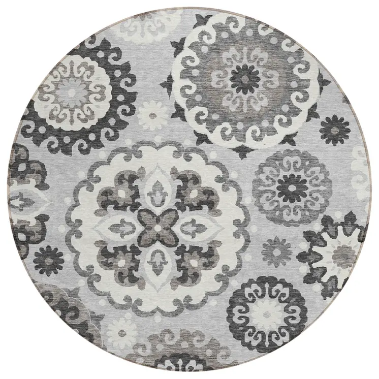 8' Silver Gray And Ivory Round Floral Medallion Washable Indoor Outdoor Area Rug