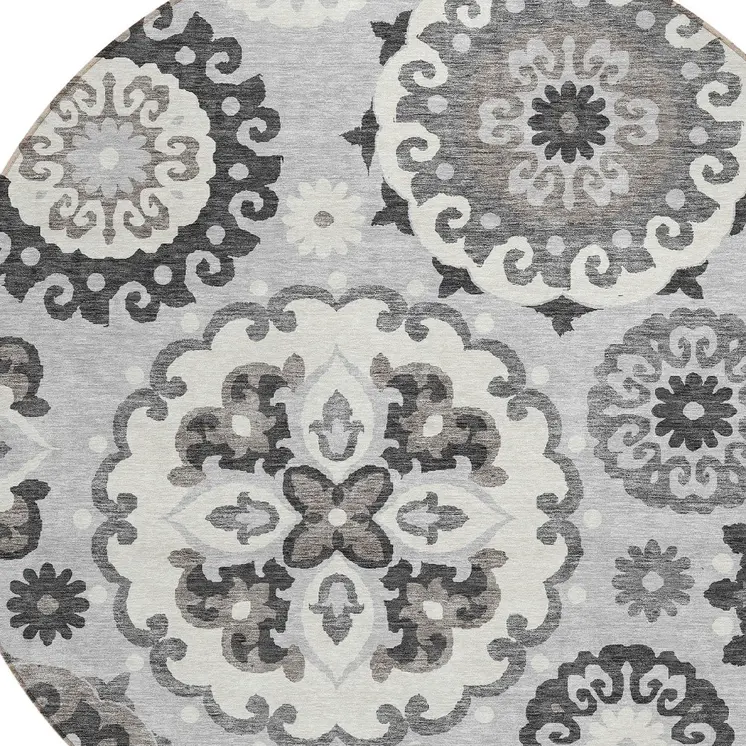 8' Silver Gray And Ivory Round Floral Medallion Washable Indoor Outdoor Area Rug