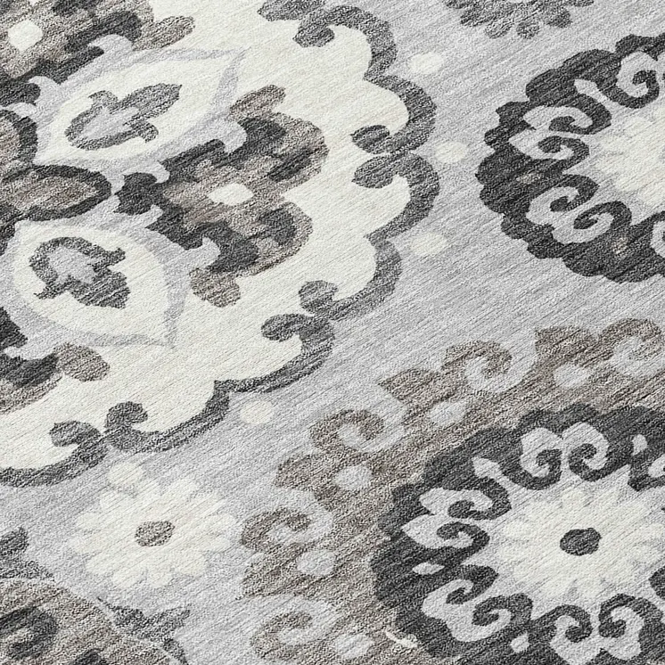 8' Silver Gray And Ivory Round Floral Medallion Washable Indoor Outdoor Area Rug