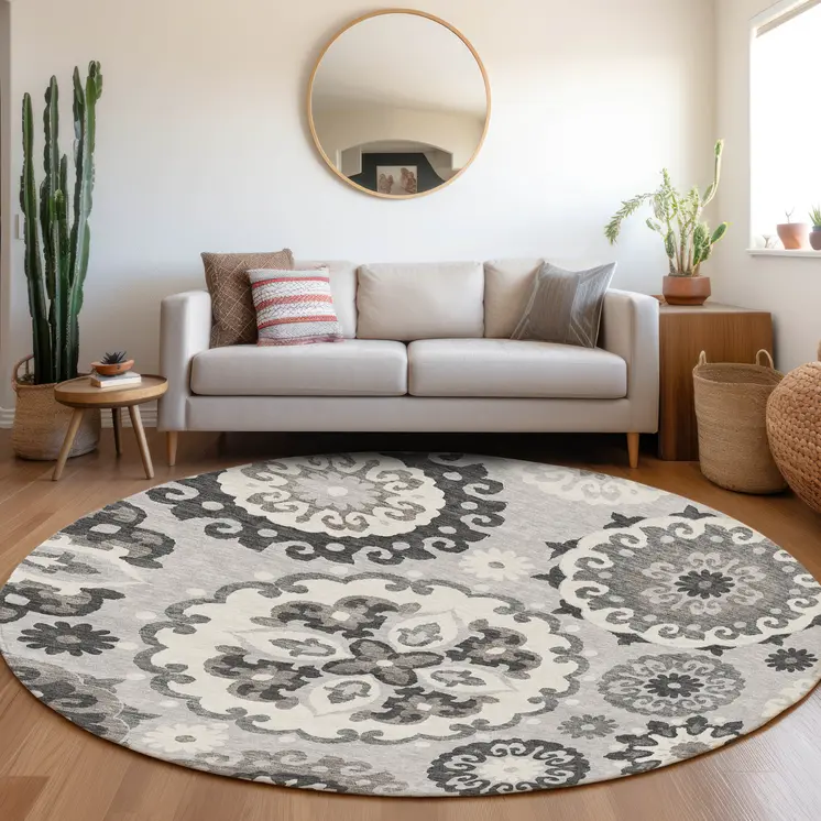 8' Silver Gray And Ivory Round Floral Medallion Washable Indoor Outdoor Area Rug