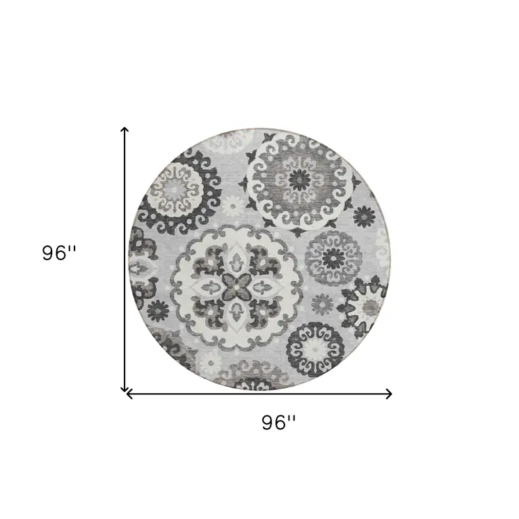 8' Silver Gray And Ivory Round Floral Medallion Washable Indoor Outdoor Area Rug