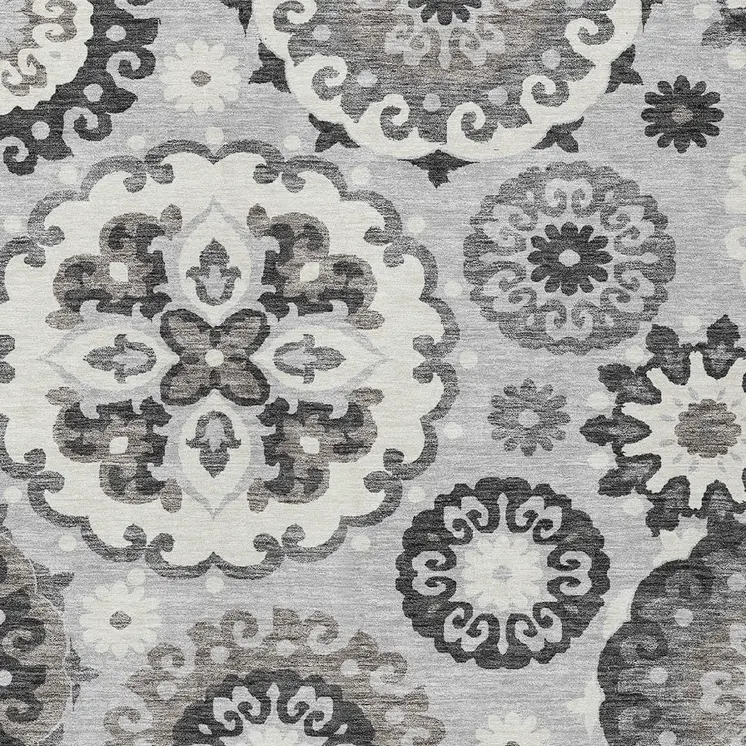 8' X 10' Silver Gray And Ivory Floral Medallion Washable Indoor Outdoor Area Rug