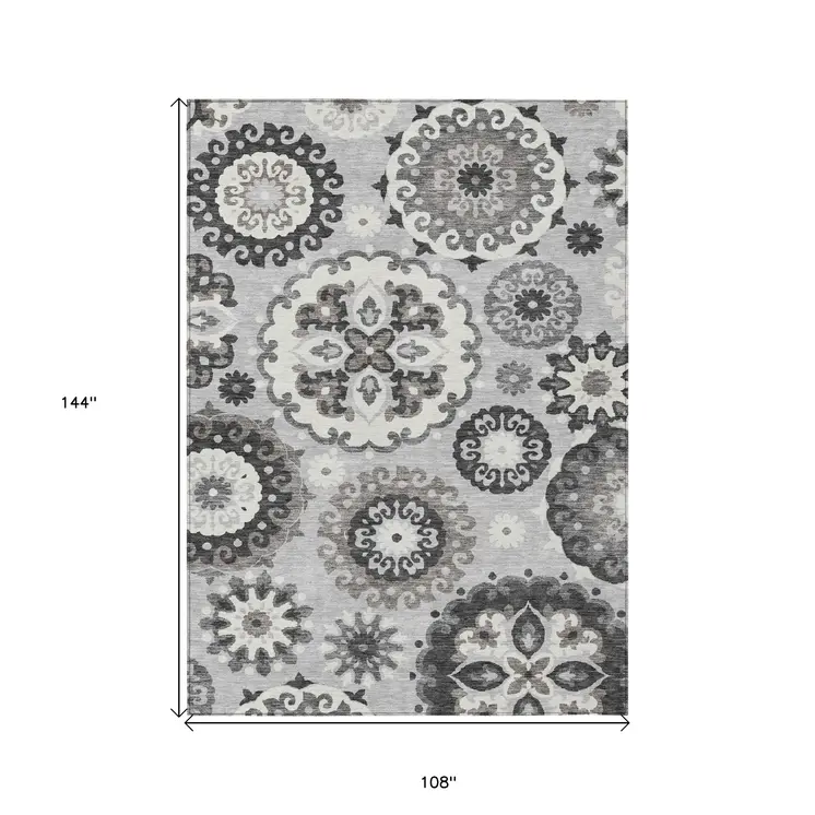 9' X 12' Silver Gray And Ivory Floral Medallion Washable Indoor Outdoor Area Rug