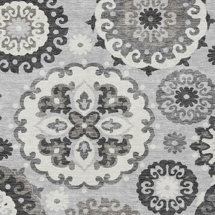 9' X 12' Silver Gray And Ivory Floral Medallion Washable Indoor Outdoor Area Rug