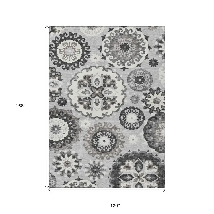 10' X 14' Silver Gray And Ivory Floral Medallion Washable Indoor Outdoor Area Rug