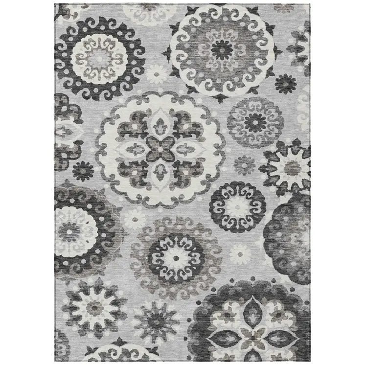 10' X 14' Silver Gray And Ivory Floral Medallion Washable Indoor Outdoor Area Rug