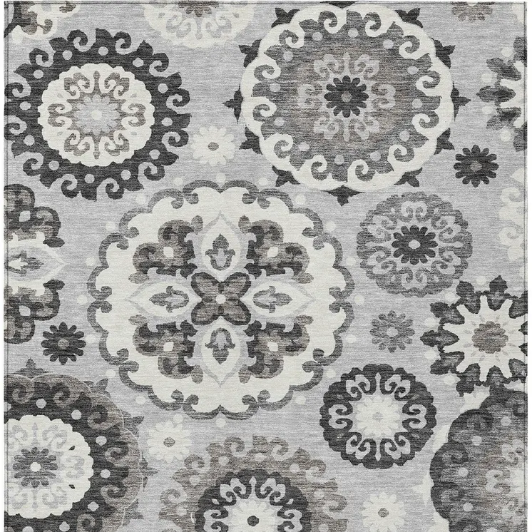 10' X 14' Silver Gray And Ivory Floral Medallion Washable Indoor Outdoor Area Rug
