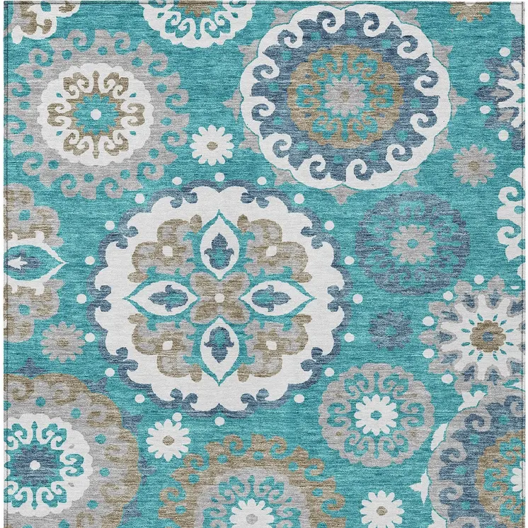 3' X 5' Teal Blue Taupe And Gray Floral Medallion Washable Indoor Outdoor Area Rug