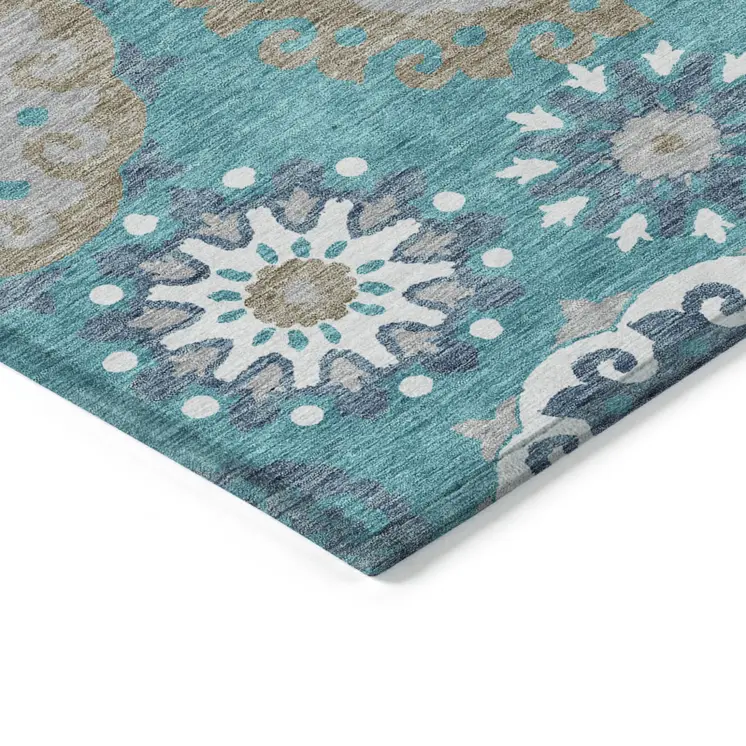3' X 5' Teal Blue Taupe And Gray Floral Medallion Washable Indoor Outdoor Area Rug